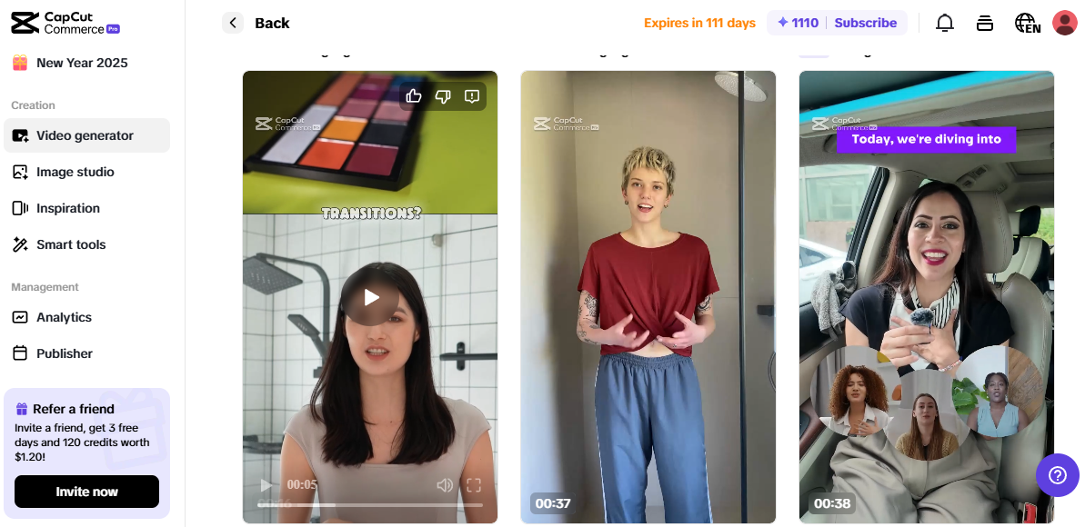 Pippit dashboard showing video generator features for dropshipping success tips and creative campaigns.